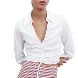 DYNAMITE Cropped White Blouse with Ruched Tie-front Office Siren Medium 🤍